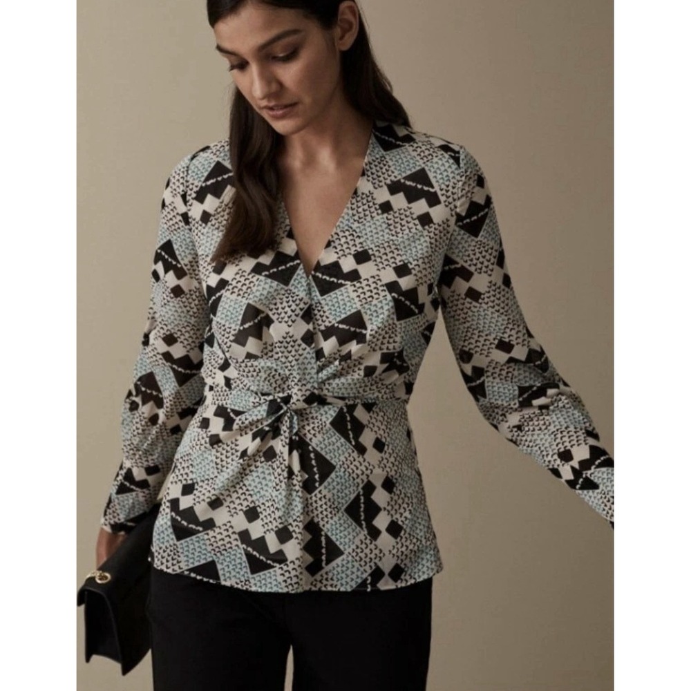Designer REISS‎ Livinia top size 4 twist front long sleeve Blouse Abstract Geo